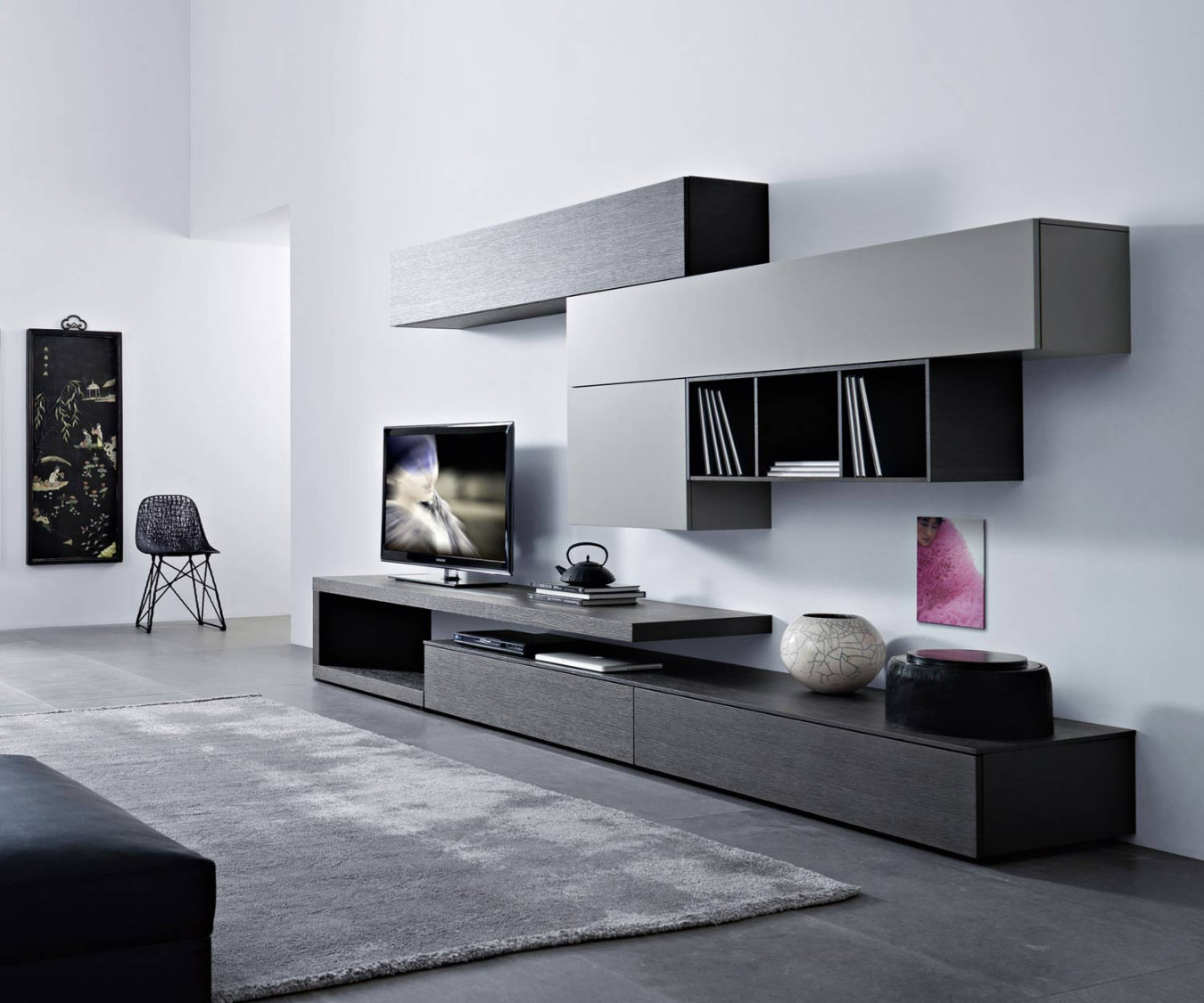 Moderne Design Wohnwand mit Carbone Eiche und TV Board